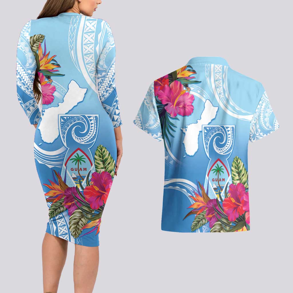 Hafa Adai Guam Couples Matching Long Sleeve Bodycon Dress and Hawaiian Shirt Tropical Flowers Blue Gradient