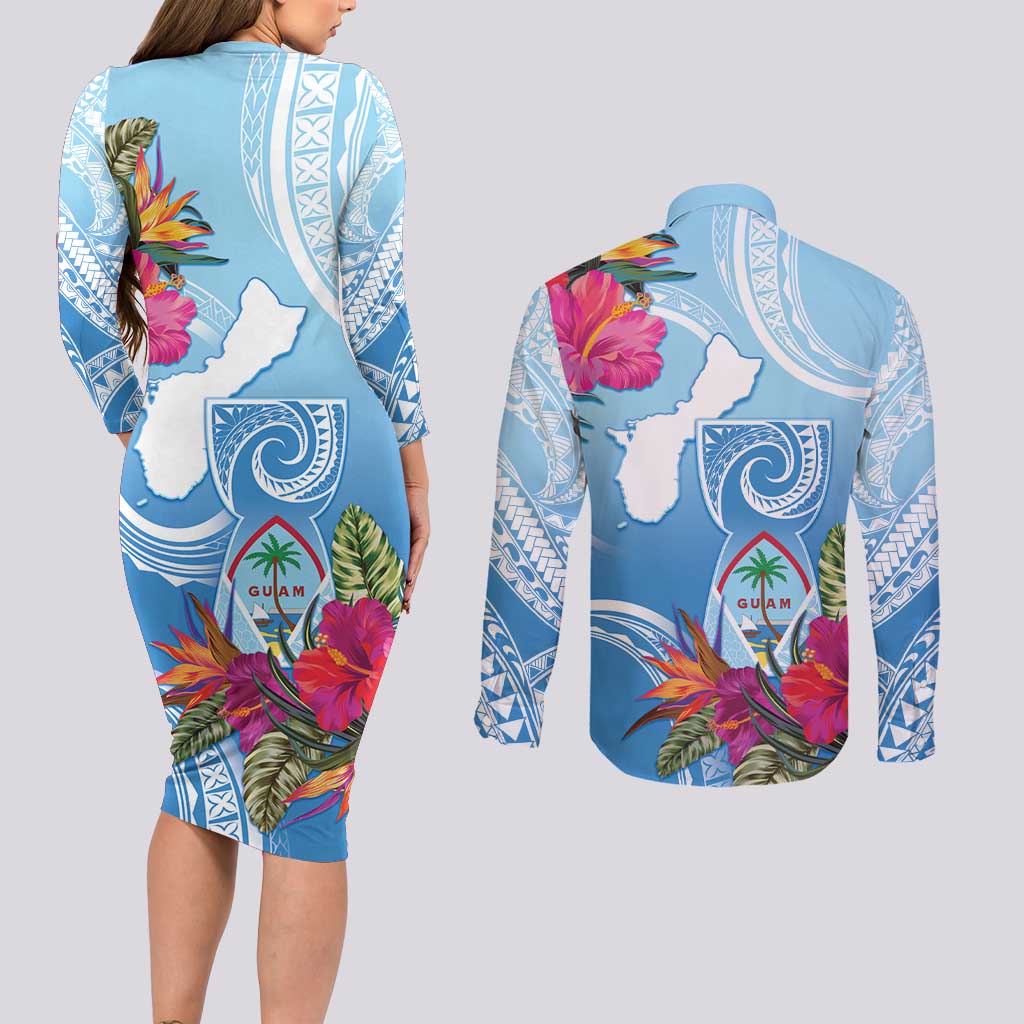 Hafa Adai Guam Couples Matching Long Sleeve Bodycon Dress and Long Sleeve Button Shirt Tropical Flowers Blue Gradient