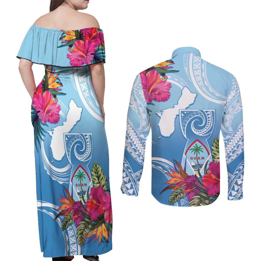 Hafa Adai Guam Couples Matching Off Shoulder Maxi Dress and Long Sleeve Button Shirt Tropical Flowers Blue Gradient