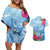 Hafa Adai Guam Couples Matching Off Shoulder Short Dress and Hawaiian Shirt Tropical Flowers Blue Gradient