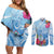 Hafa Adai Guam Couples Matching Off Shoulder Short Dress and Long Sleeve Button Shirt Tropical Flowers Blue Gradient