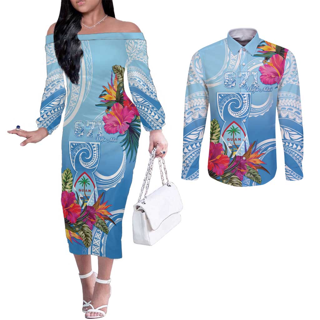 Hafa Adai Guam Couples Matching Off The Shoulder Long Sleeve Dress and Long Sleeve Button Shirt Tropical Flowers Blue Gradient