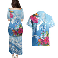 Hafa Adai Guam Couples Matching Puletasi and Hawaiian Shirt Tropical Flowers Blue Gradient