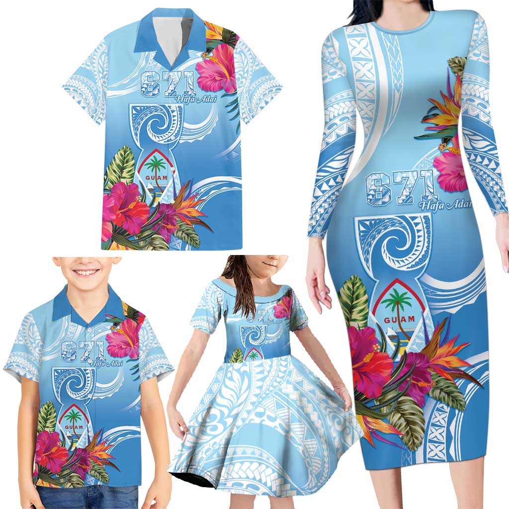 Hafa Adai Guam Family Matching Long Sleeve Bodycon Dress and Hawaiian Shirt Tropical Flowers Blue Gradient