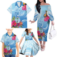 Hafa Adai Guam Family Matching Off The Shoulder Long Sleeve Dress and Hawaiian Shirt Tropical Flowers Blue Gradient