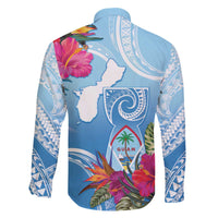Hafa Adai Guam Family Matching Off The Shoulder Long Sleeve Dress and Hawaiian Shirt Tropical Flowers Blue Gradient