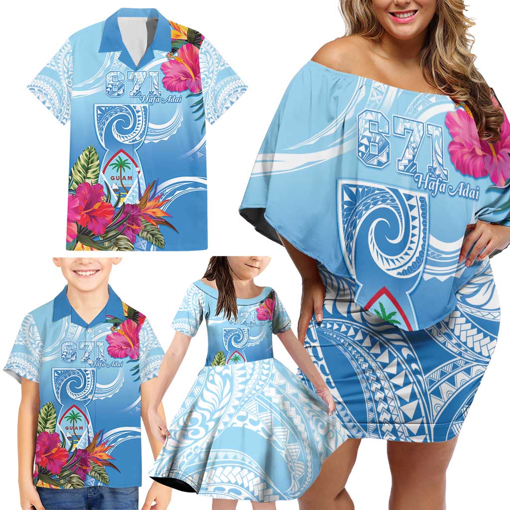 Hafa Adai Guam Family Matching Off Shoulder Short Dress and Hawaiian Shirt Tropical Flowers Blue Gradient