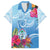 Hafa Adai Guam Family Matching Off Shoulder Short Dress and Hawaiian Shirt Tropical Flowers Blue Gradient