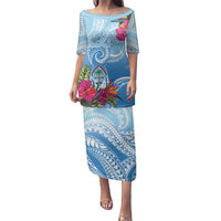 Hafa Adai Guam Family Matching Puletasi and Hawaiian Shirt Tropical Flowers Blue Gradient