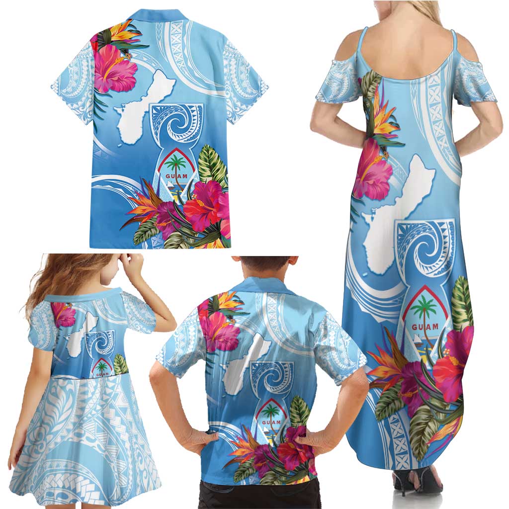 Hafa Adai Guam Family Matching Summer Maxi Dress and Hawaiian Shirt Tropical Flowers Blue Gradient