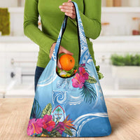 Hafa Adai Guam Grocery Bag Tropical Flowers Blue Gradient