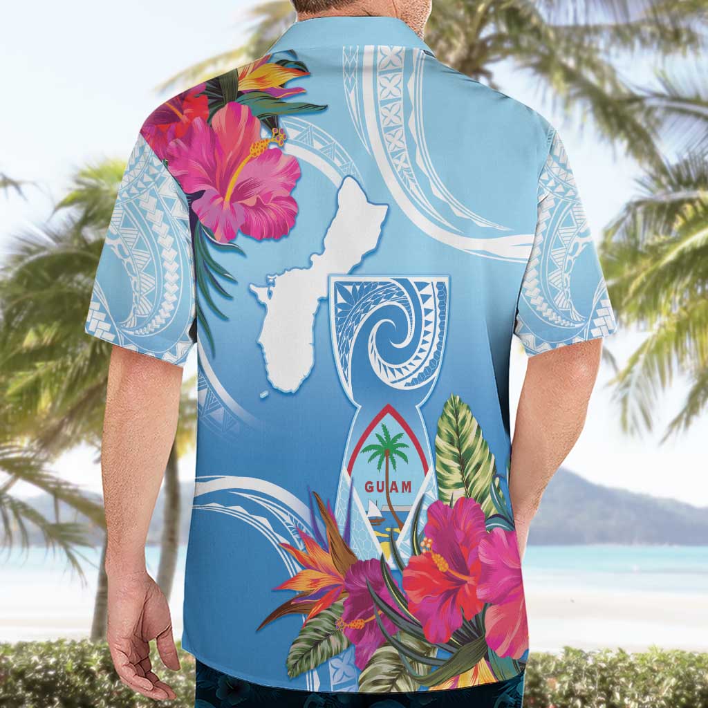 Hafa Adai Guam Hawaiian Shirt Tropical Flowers Blue Gradient