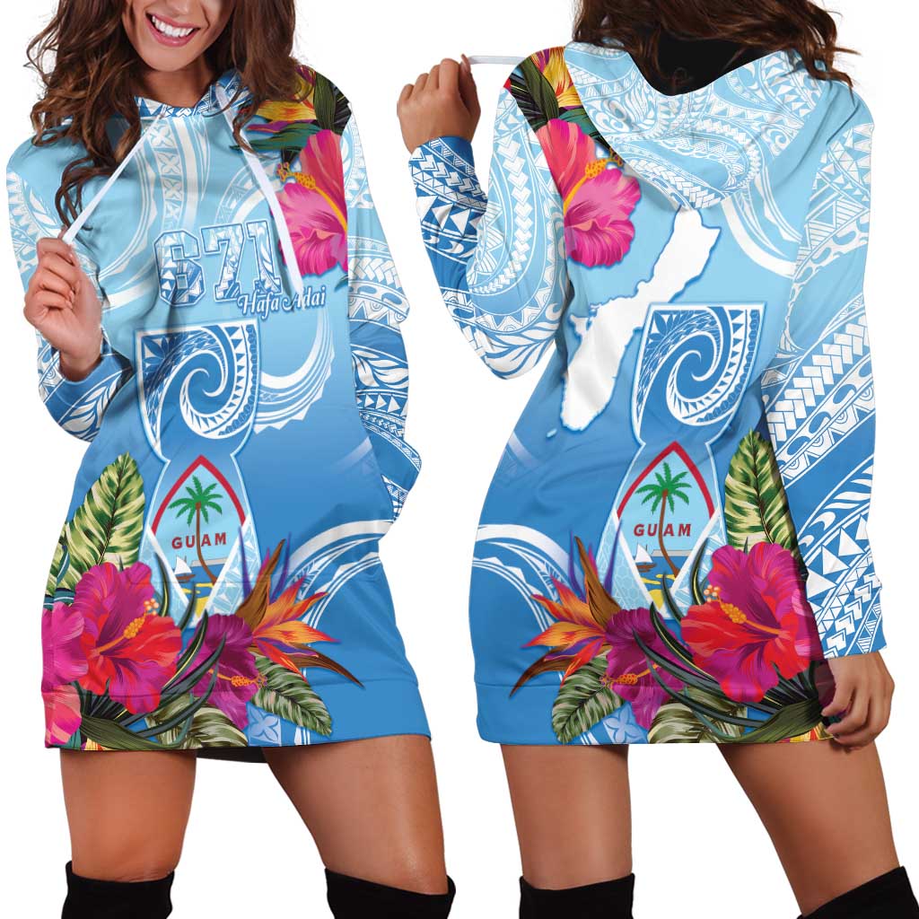 Hafa Adai Guam Hoodie Dress Tropical Flowers Blue Gradient