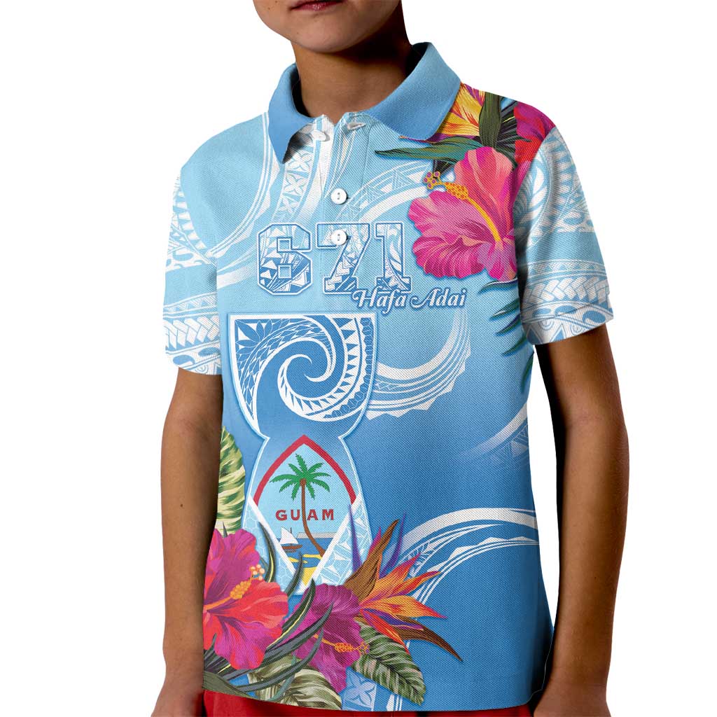 Hafa Adai Guam Kid Polo Shirt Tropical Flowers Blue Gradient