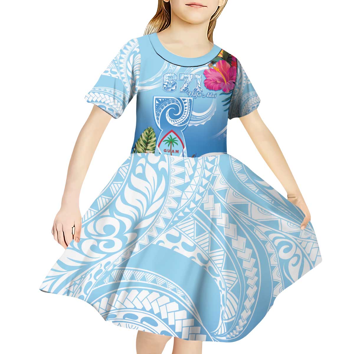 Hafa Adai Guam Kid Short Sleeve Dress Tropical Flowers Blue Gradient