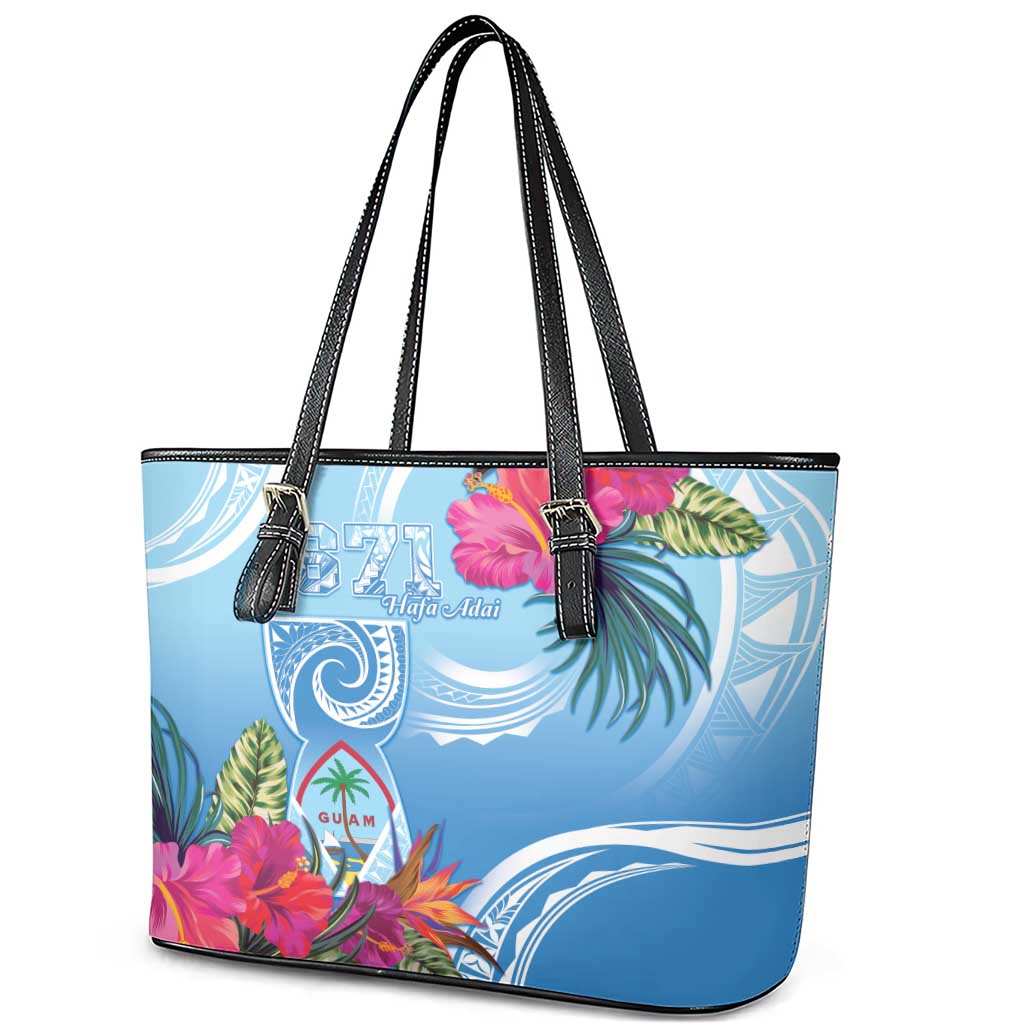 Hafa Adai Guam Leather Tote Bag Tropical Flowers Blue Gradient