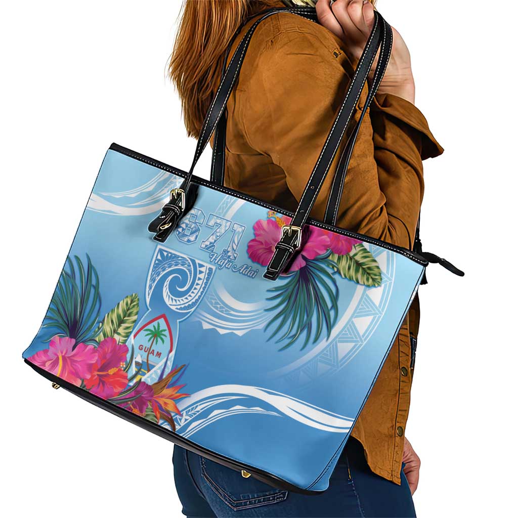 Hafa Adai Guam Leather Tote Bag Tropical Flowers Blue Gradient