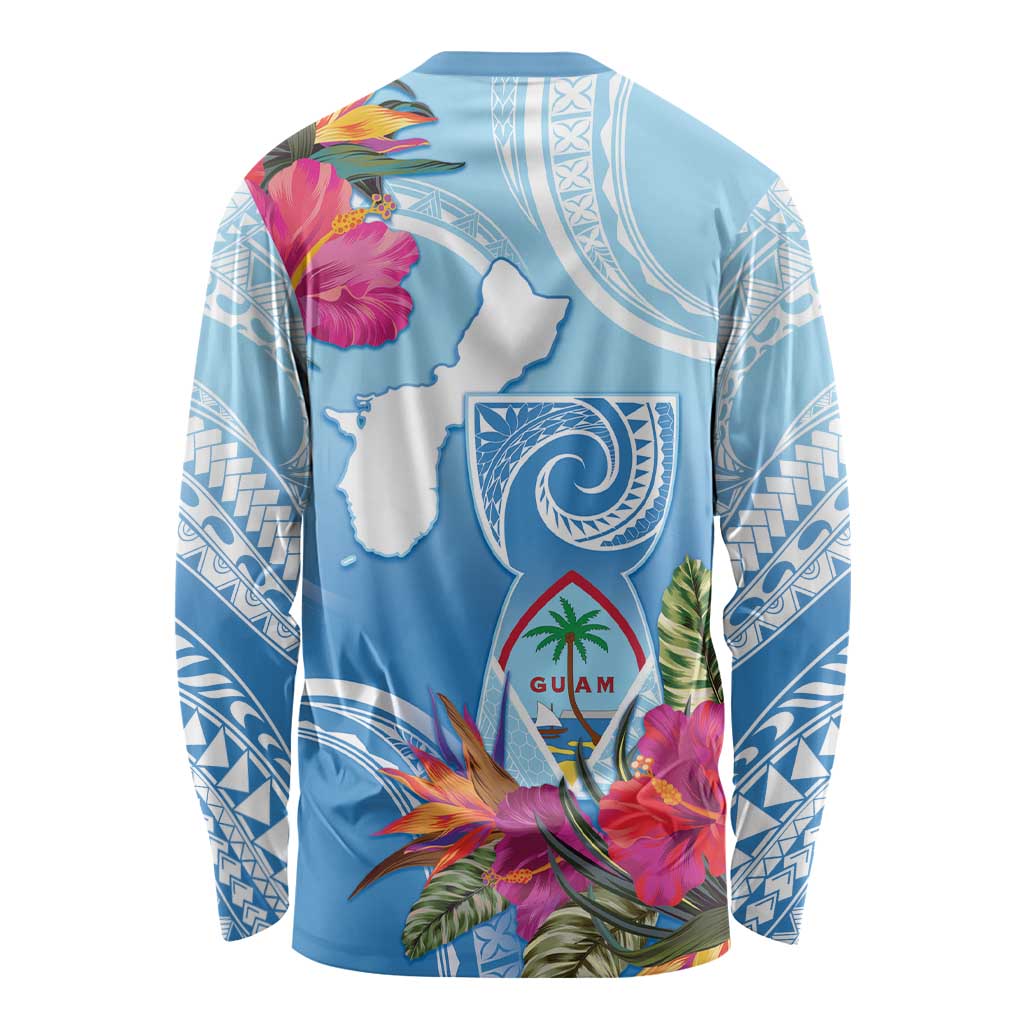 Hafa Adai Guam Long Sleeve Shirt Tropical Flowers Blue Gradient