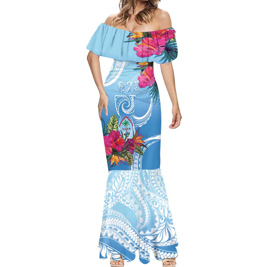 Hafa Adai Guam Mermaid Dress Tropical Flowers Blue Gradient
