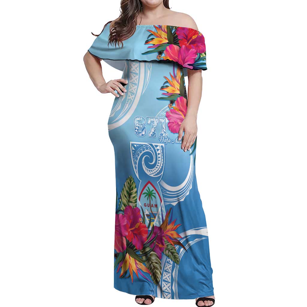 Hafa Adai Guam Off Shoulder Maxi Dress Tropical Flowers Blue Gradient