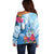 Hafa Adai Guam Off Shoulder Sweater Tropical Flowers Blue Gradient