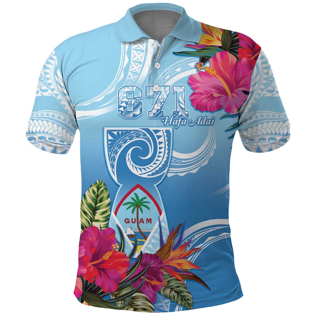 Hafa Adai Guam Polo Shirt Tropical Flowers Blue Gradient