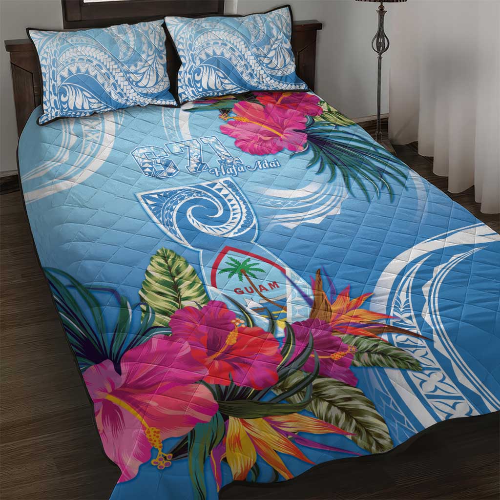 Hafa Adai Guam Quilt Bed Set Tropical Flowers Blue Gradient