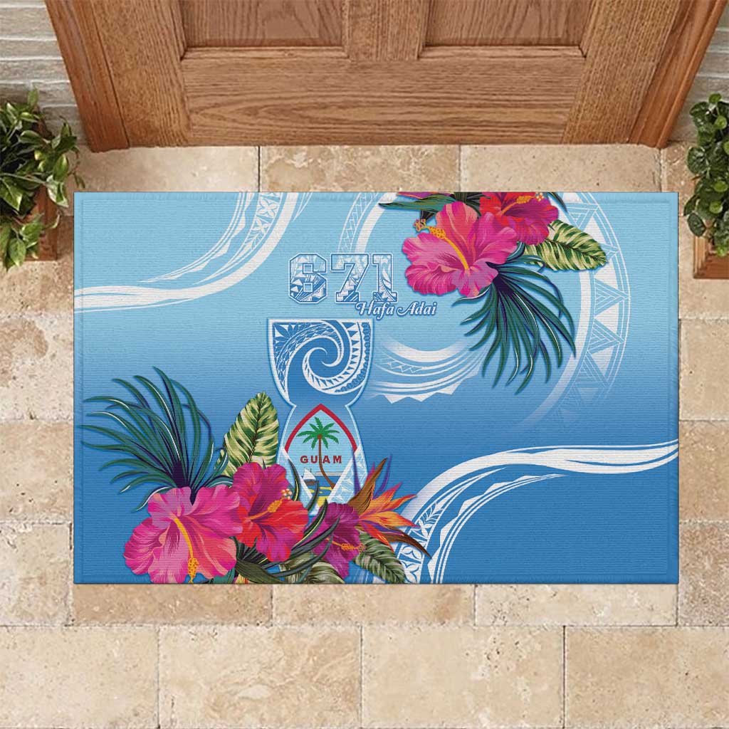 Hafa Adai Guam Rubber Doormat Tropical Flowers Blue Gradient