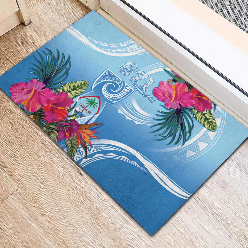 Hafa Adai Guam Rubber Doormat Tropical Flowers Blue Gradient