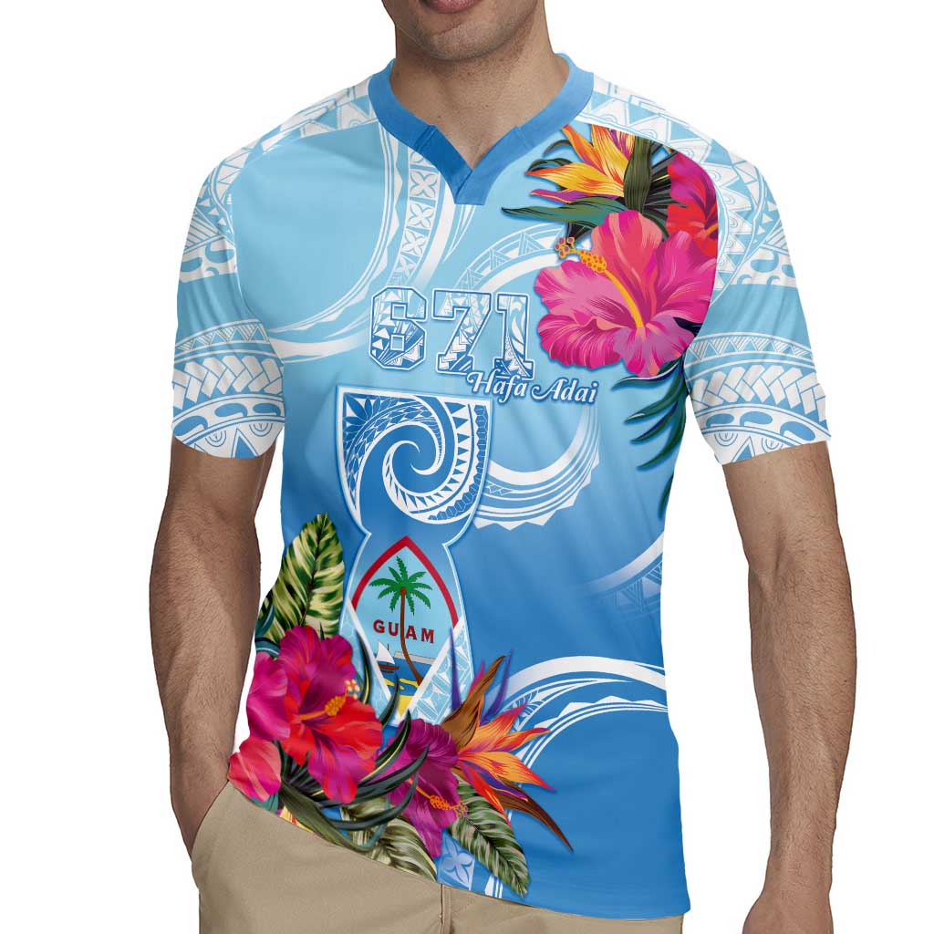 Hafa Adai Guam Rugby Jersey Tropical Flowers Blue Gradient