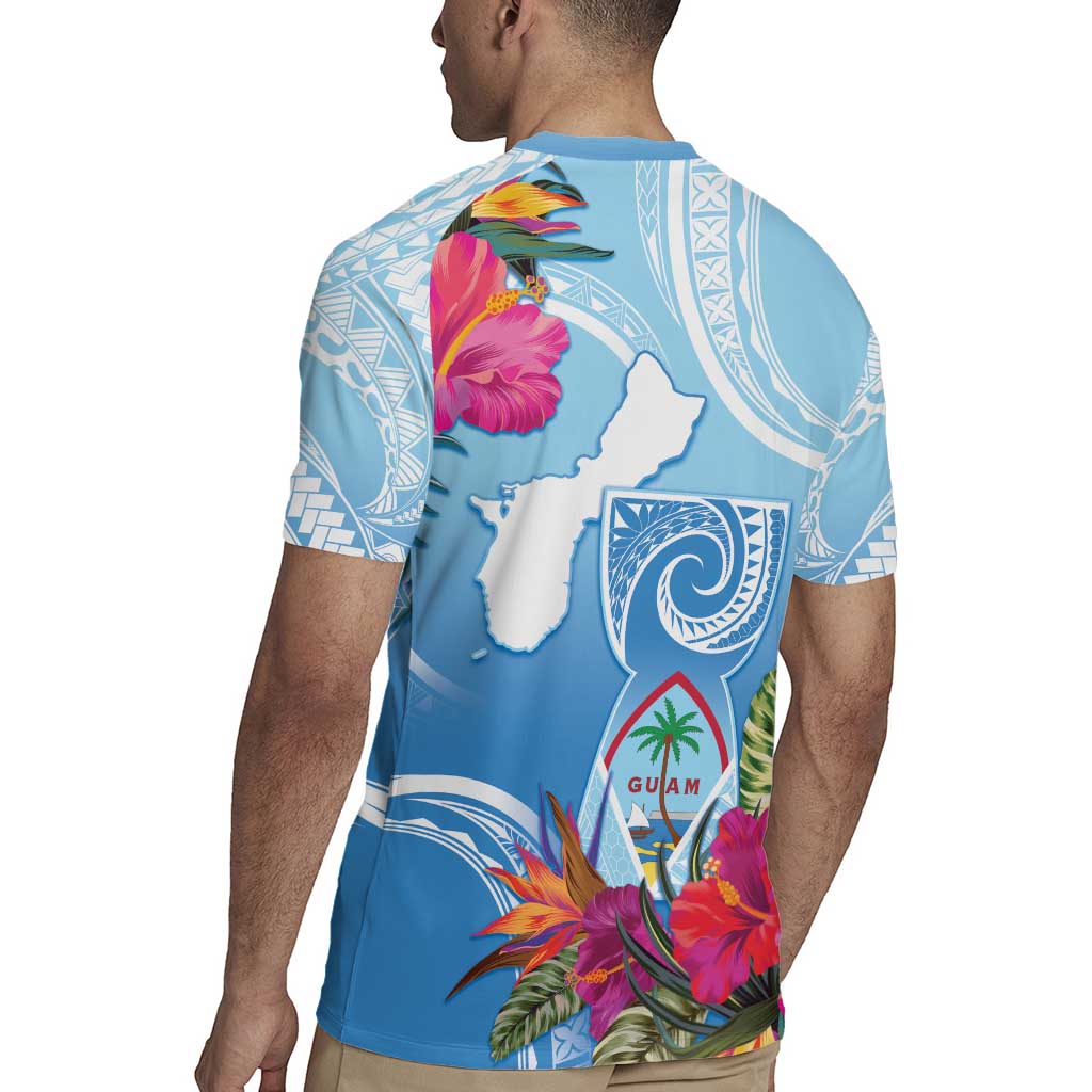 Hafa Adai Guam Rugby Jersey Tropical Flowers Blue Gradient