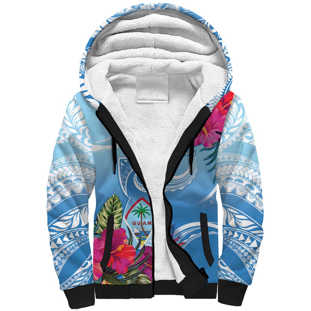 Hafa Adai Guam Sherpa Hoodie Tropical Flowers Blue Gradient