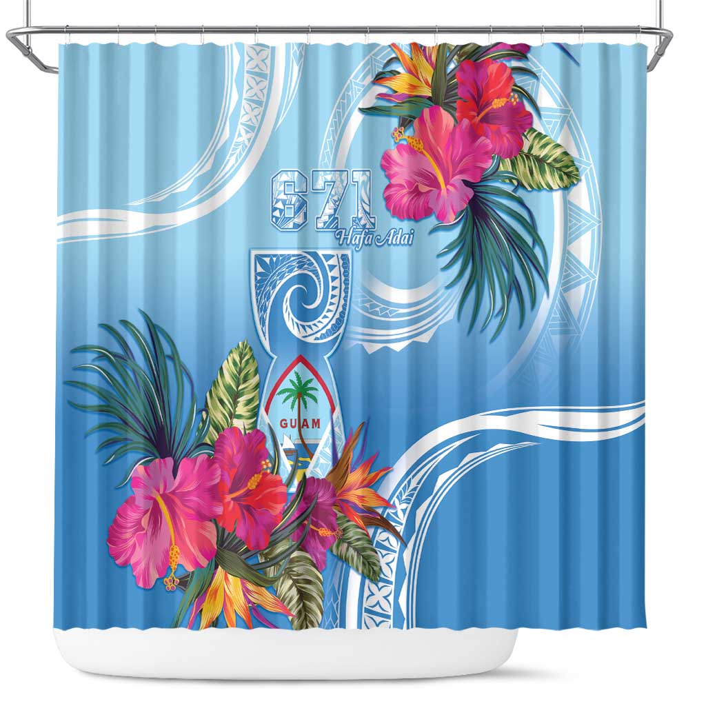 Hafa Adai Guam Shower Curtain Tropical Flowers Blue Gradient