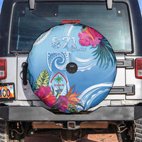 Hafa Adai Guam Spare Tire Cover Tropical Flowers Blue Gradient