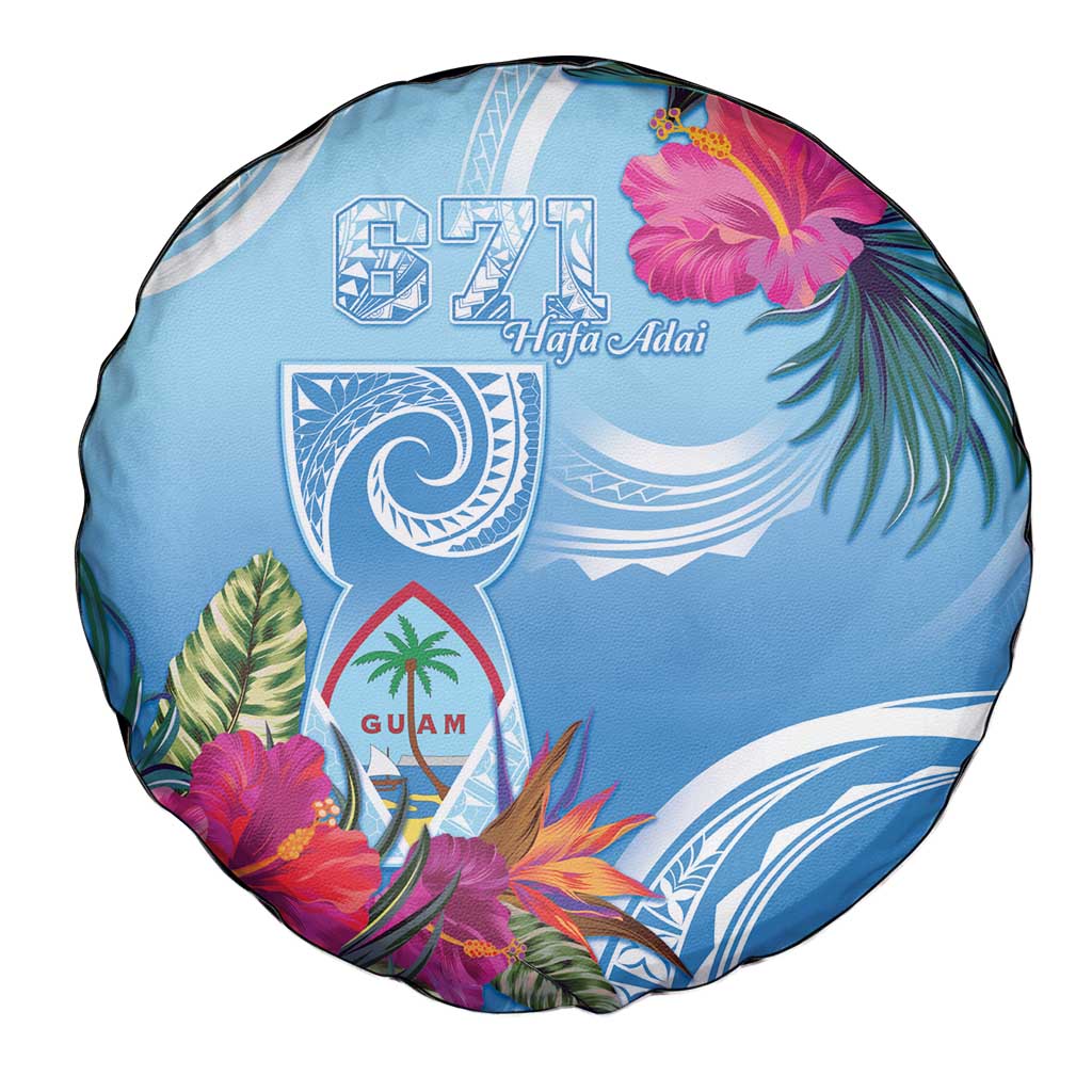 Hafa Adai Guam Spare Tire Cover Tropical Flowers Blue Gradient