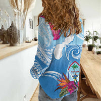 Hafa Adai Guam Women Casual Shirt Tropical Flowers Blue Gradient
