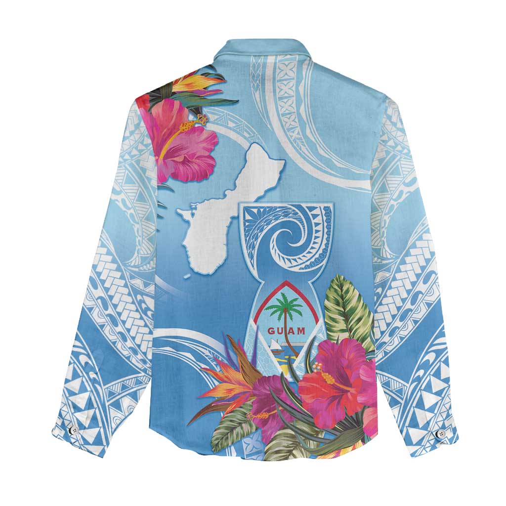 Hafa Adai Guam Women Casual Shirt Tropical Flowers Blue Gradient