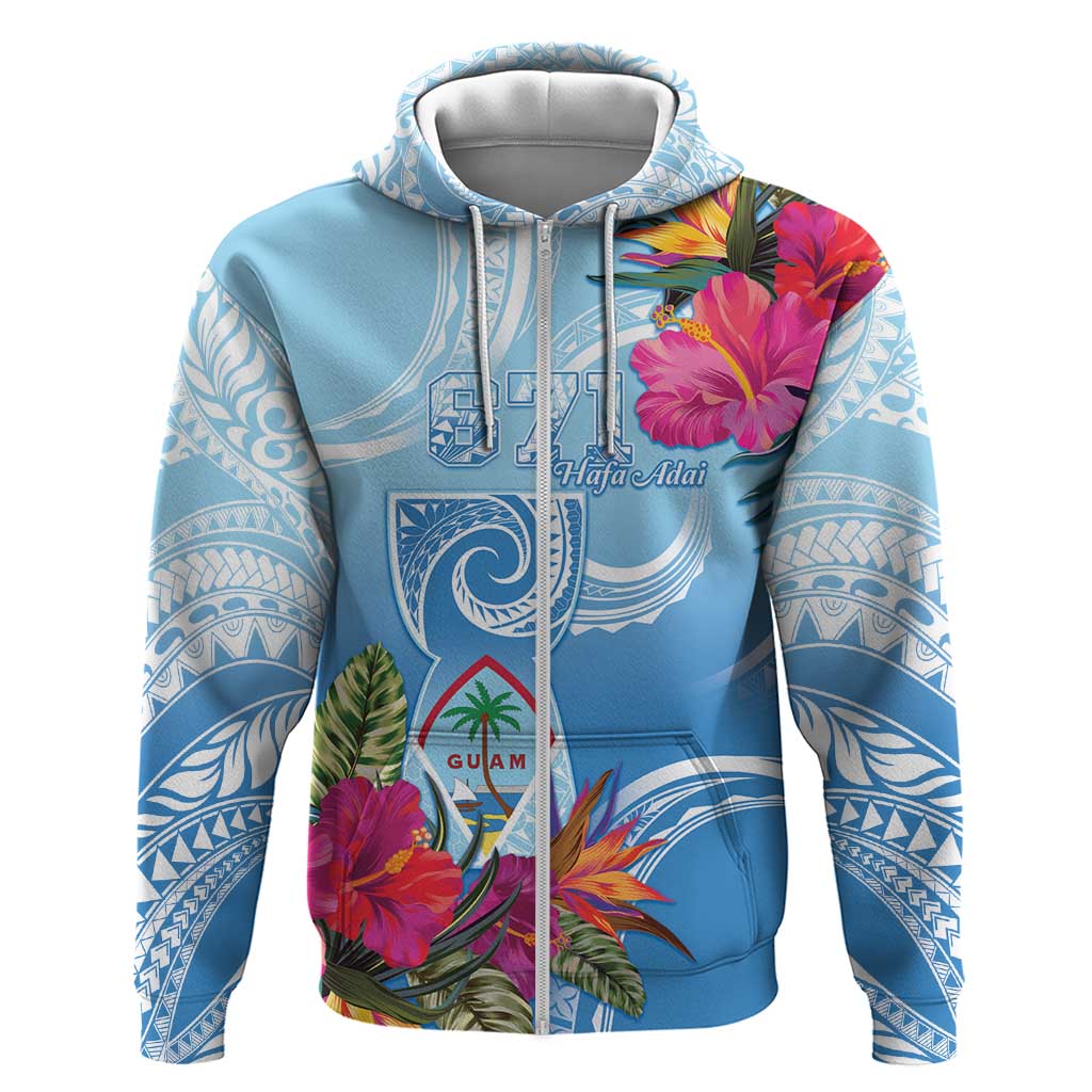 Hafa Adai Guam Zip Hoodie Tropical Flowers Blue Gradient