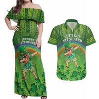 Personalised Hawaii Saint Patrick's Day Couples Matching Off Shoulder Maxi Dress and Hawaiian Shirt Let's Get Fit Shaced LT05 Green - Polynesian Pride