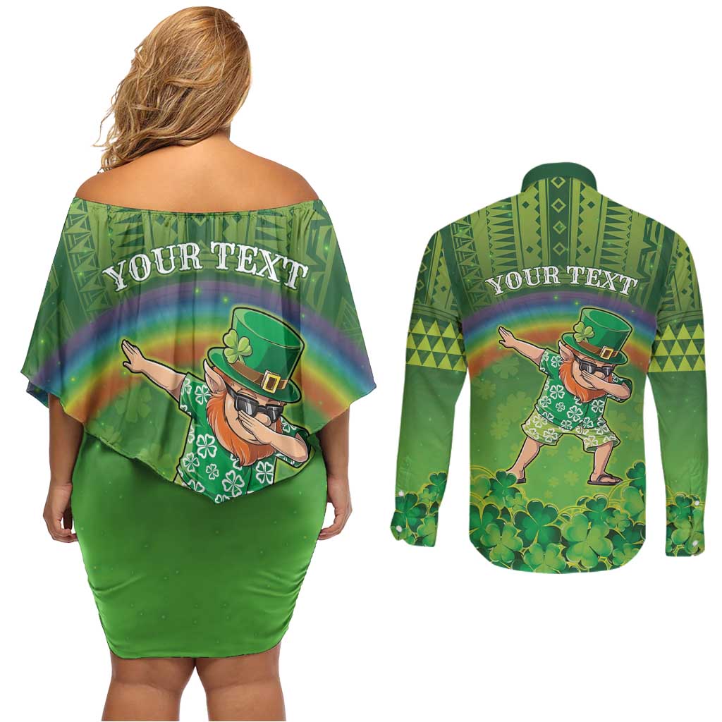 Personalised Hawaii Saint Patrick's Day Couples Matching Off Shoulder Short Dress and Long Sleeve Button Shirt Let's Get Fit Shaced LT05 - Polynesian Pride