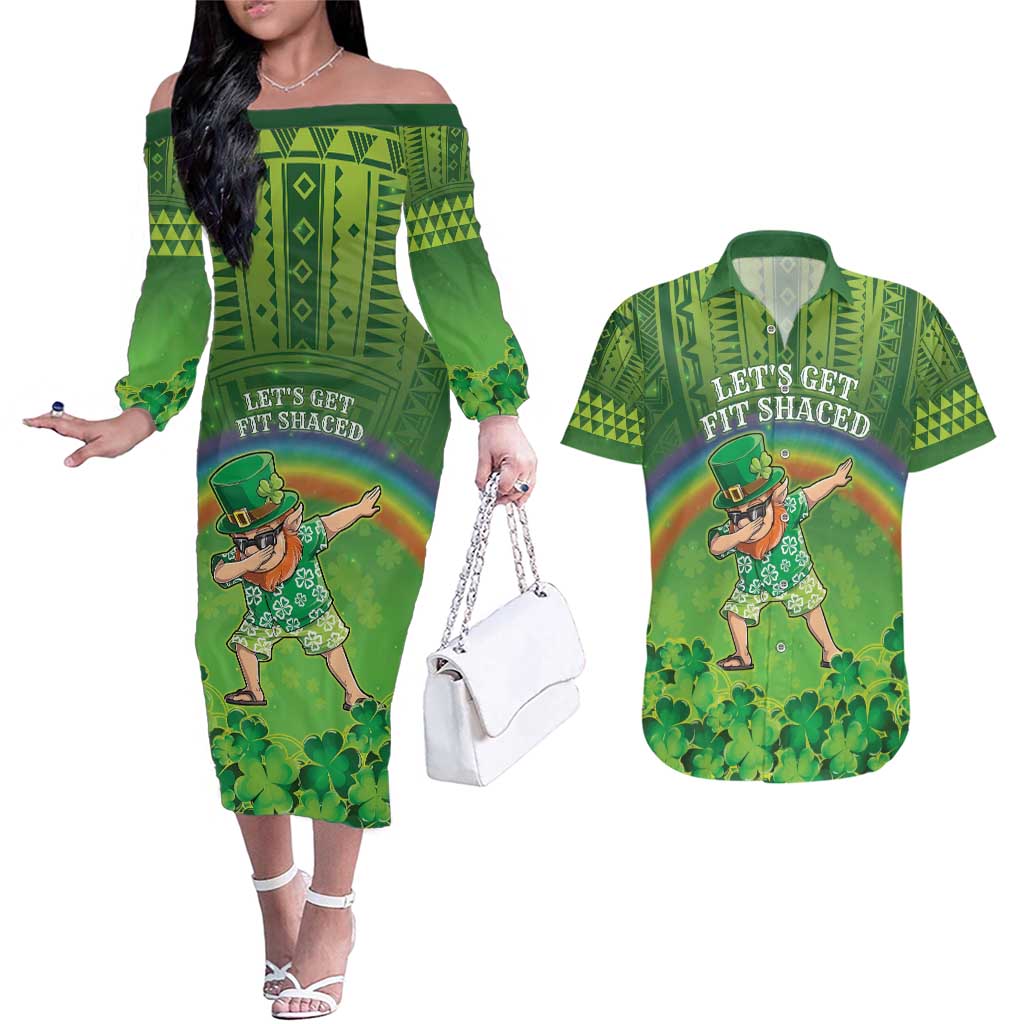 Personalised Hawaii Saint Patrick's Day Couples Matching Off The Shoulder Long Sleeve Dress and Hawaiian Shirt Let's Get Fit Shaced LT05 Green - Polynesian Pride