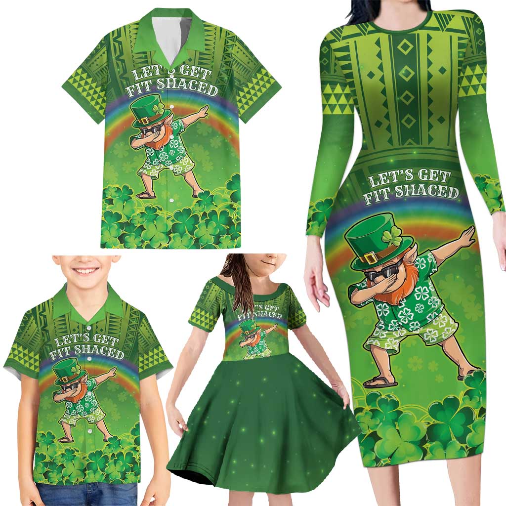 Personalised Hawaii Saint Patrick's Day Family Matching Long Sleeve Bodycon Dress and Hawaiian Shirt Let's Get Fit Shaced