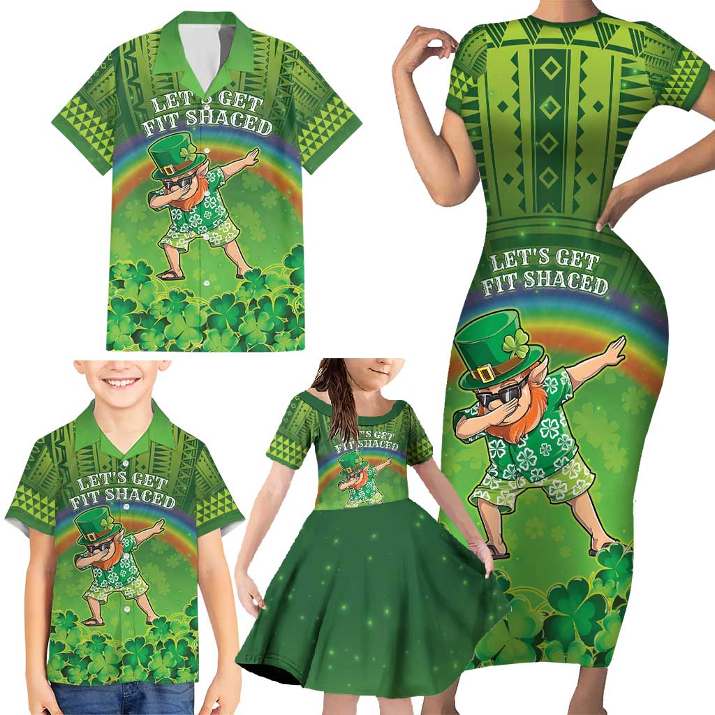 Personalised Hawaii Saint Patrick's Day Family Matching Short Sleeve Bodycon Dress and Hawaiian Shirt Let's Get Fit Shaced