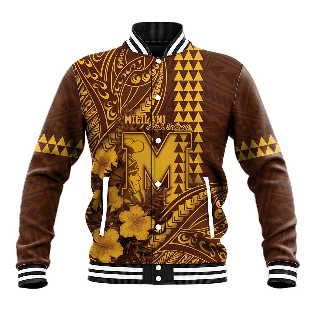 Personalised Hawaii Mililani High School Baseball Jacket Tribal Tattoo With Hibiscus Flowers LT05 Unisex Brown - Polynesian Pride