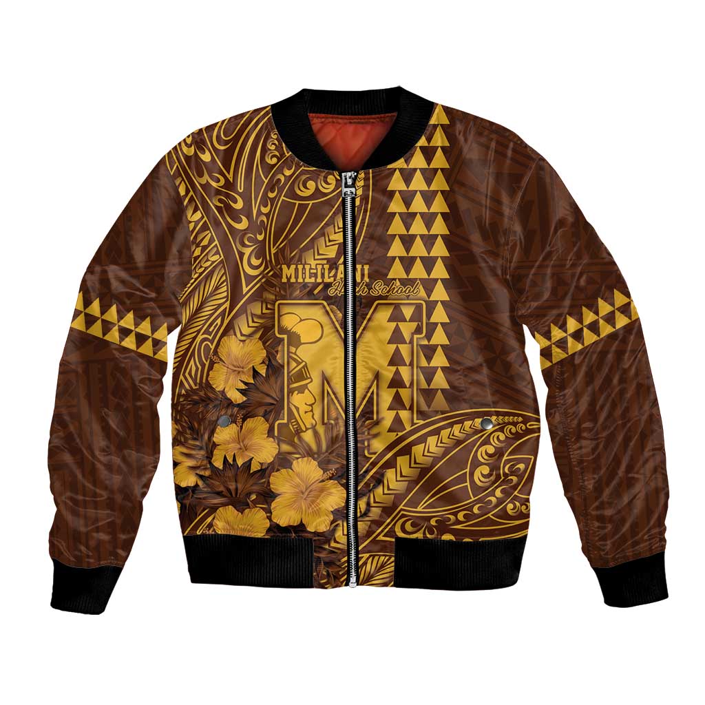 Personalised Hawaii Mililani High School Bomber Jacket Tribal Tattoo With Hibiscus Flowers LT05 Unisex Brown - Polynesian Pride