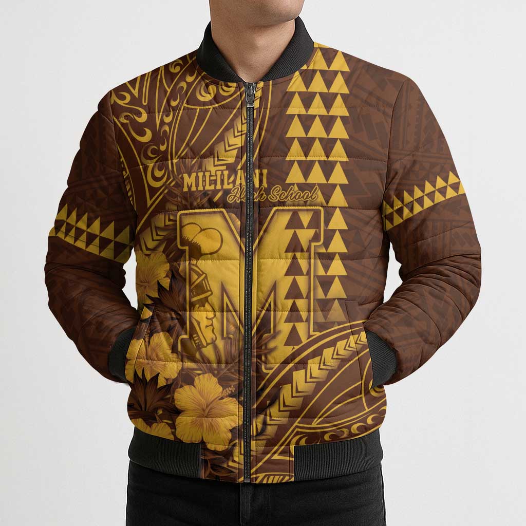 Personalised Hawaii Mililani High School Bomber Puffer Jacket Tribal Tattoo With Hibiscus Flowers LT05 - Polynesian Pride