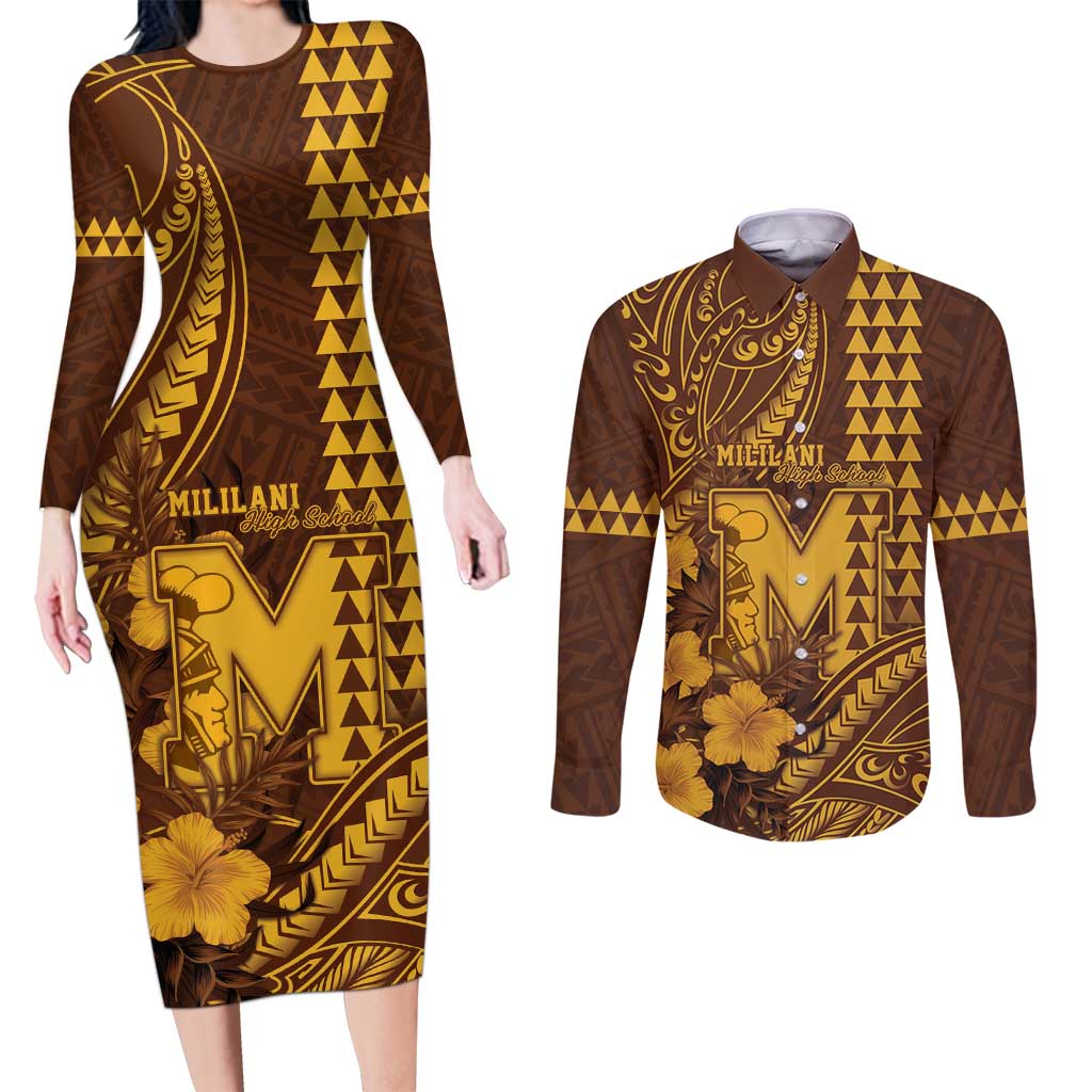 Personalised Hawaii Mililani High School Couples Matching Long Sleeve Bodycon Dress and Long Sleeve Button Shirt Tribal Tattoo With Hibiscus Flowers