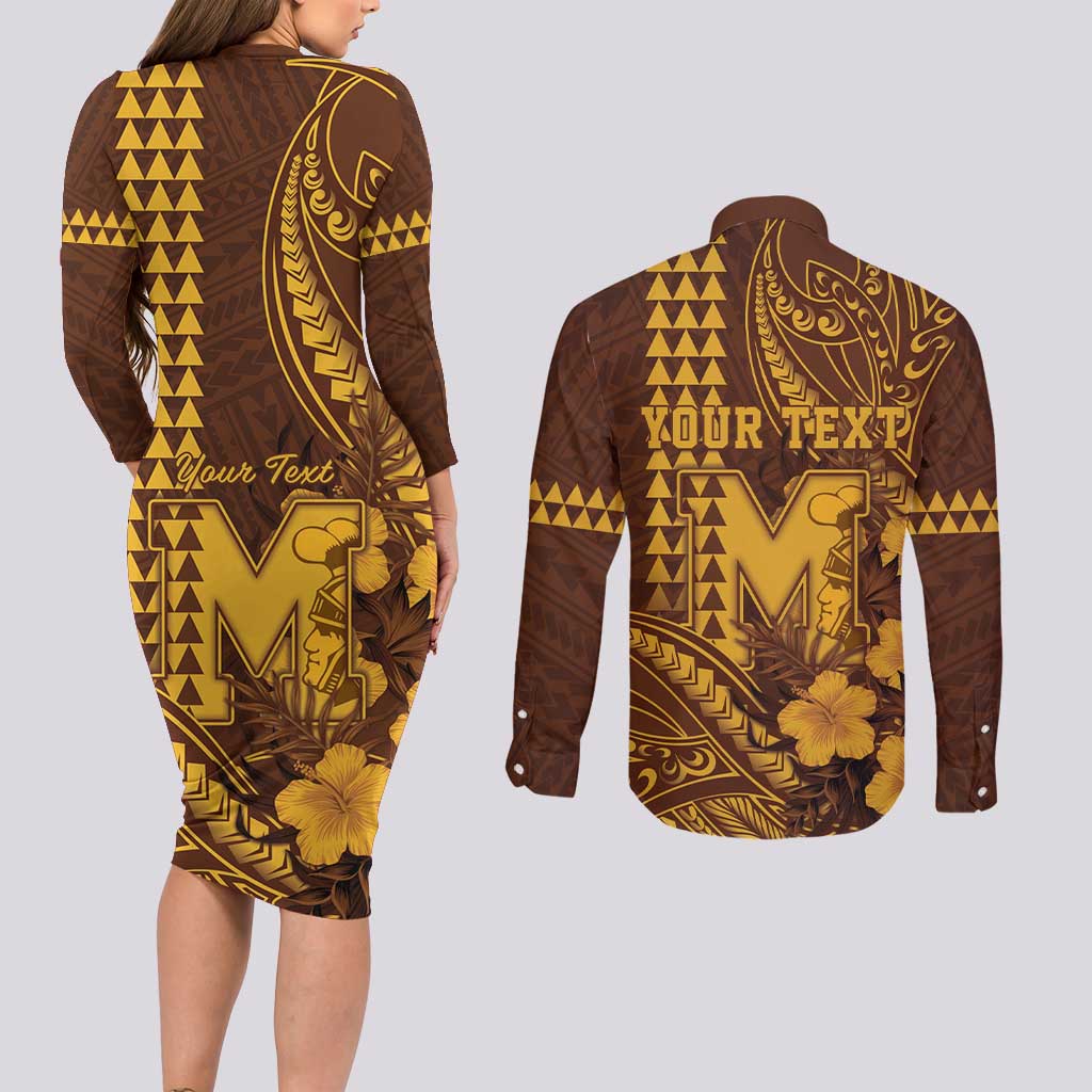 Personalised Hawaii Mililani High School Couples Matching Long Sleeve Bodycon Dress and Long Sleeve Button Shirt Tribal Tattoo With Hibiscus Flowers
