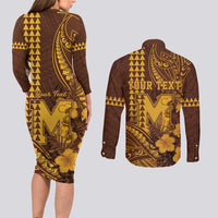 Personalised Hawaii Mililani High School Couples Matching Long Sleeve Bodycon Dress and Long Sleeve Button Shirt Tribal Tattoo With Hibiscus Flowers