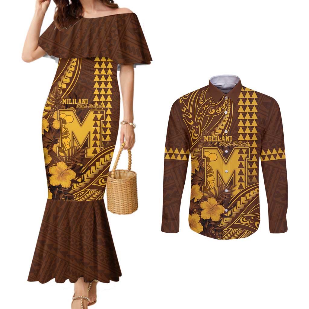 Personalised Hawaii Mililani High School Couples Matching Mermaid Dress and Long Sleeve Button Shirt Tribal Tattoo With Hibiscus Flowers